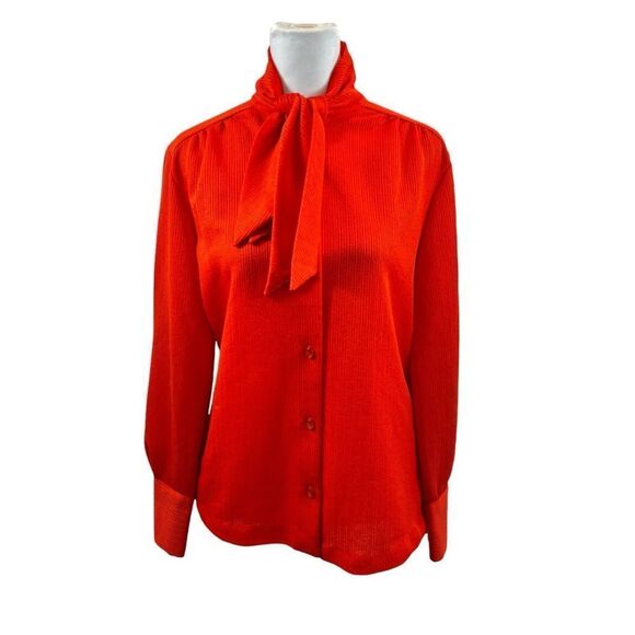 Ladies vintage Janni Originals Textured Neck Tie Button Down Blouse Red Size 16 - Picture 1 of 11